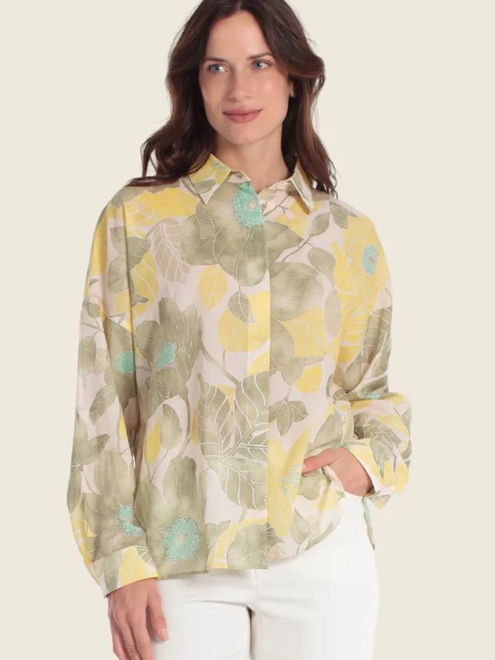 L/XL GERRY WEBER Blouse/ Button up/ Cover Up Cotton Floral Yellow Sage EU42